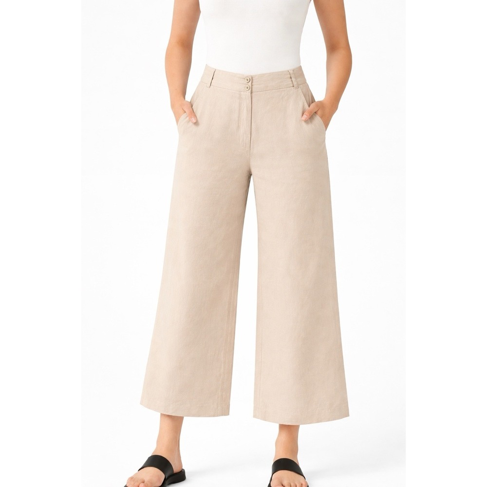 H&M Womens Linen Blend Crop Tan Wide Leg‎ Pants Casual Boho Beachy Resort Size 8